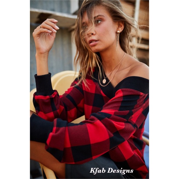 ❤️LAST! French Terry V Neck Contrast Band Soft Plaid Top! - Picture 2 of 10